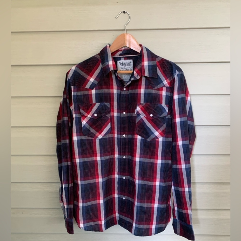 LEVI’S western plaid Pearl snap shirt blue Red White Plaid sz L button down EUC - Picture 3 of 11
